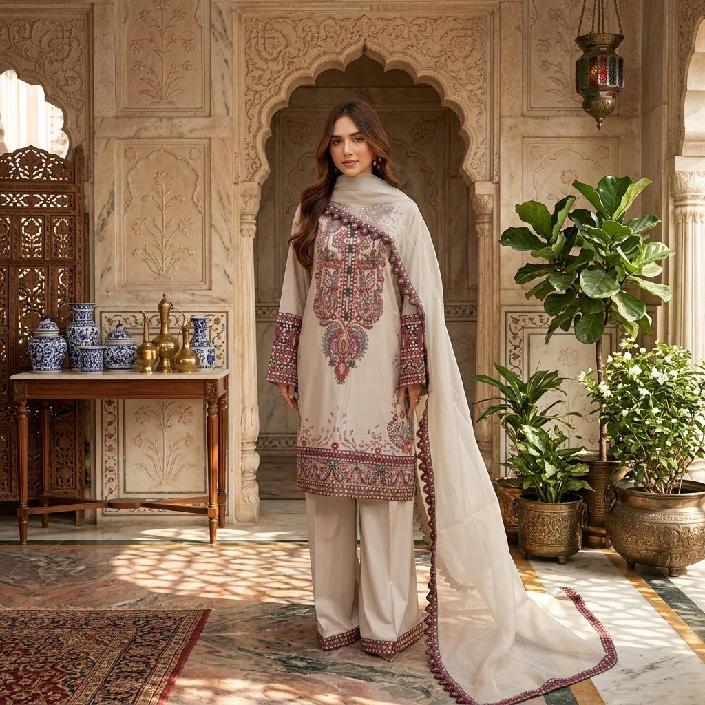 3 Piece Dhanak Embroidered Winter Suit with Daman Patch, Embroidered Sleeves, Embroidered Shawl and Trouser Patch