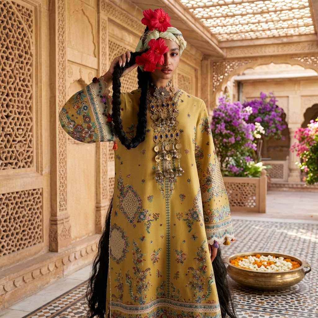 3 piece Chikankari embroidered Dhanak winter suit with daman patch, embroidered Bamber Chiffon dupatta with pallu patches and embroidered trouser