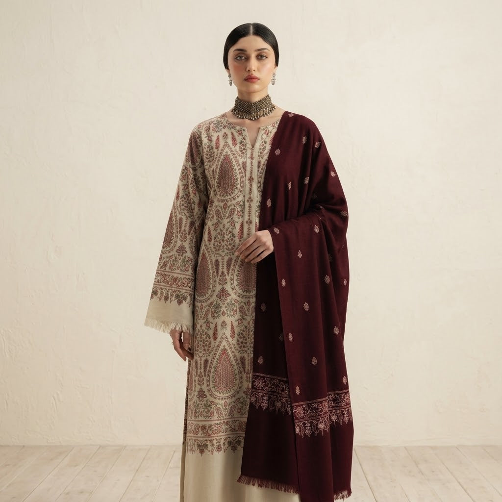 Women’s Winter 3 Piece Embroidered Dhanak Suit with Daman & Pallu Patches WS-038