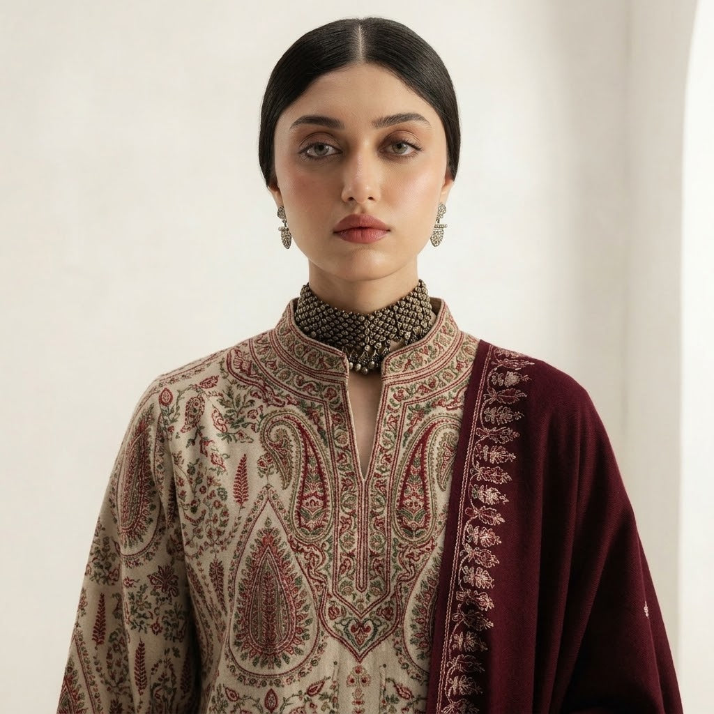 Women’s winter 3 piece embroidered Dhanak suit with daman patch, embroidered sleeves, pallu patch shawl and plain trouser