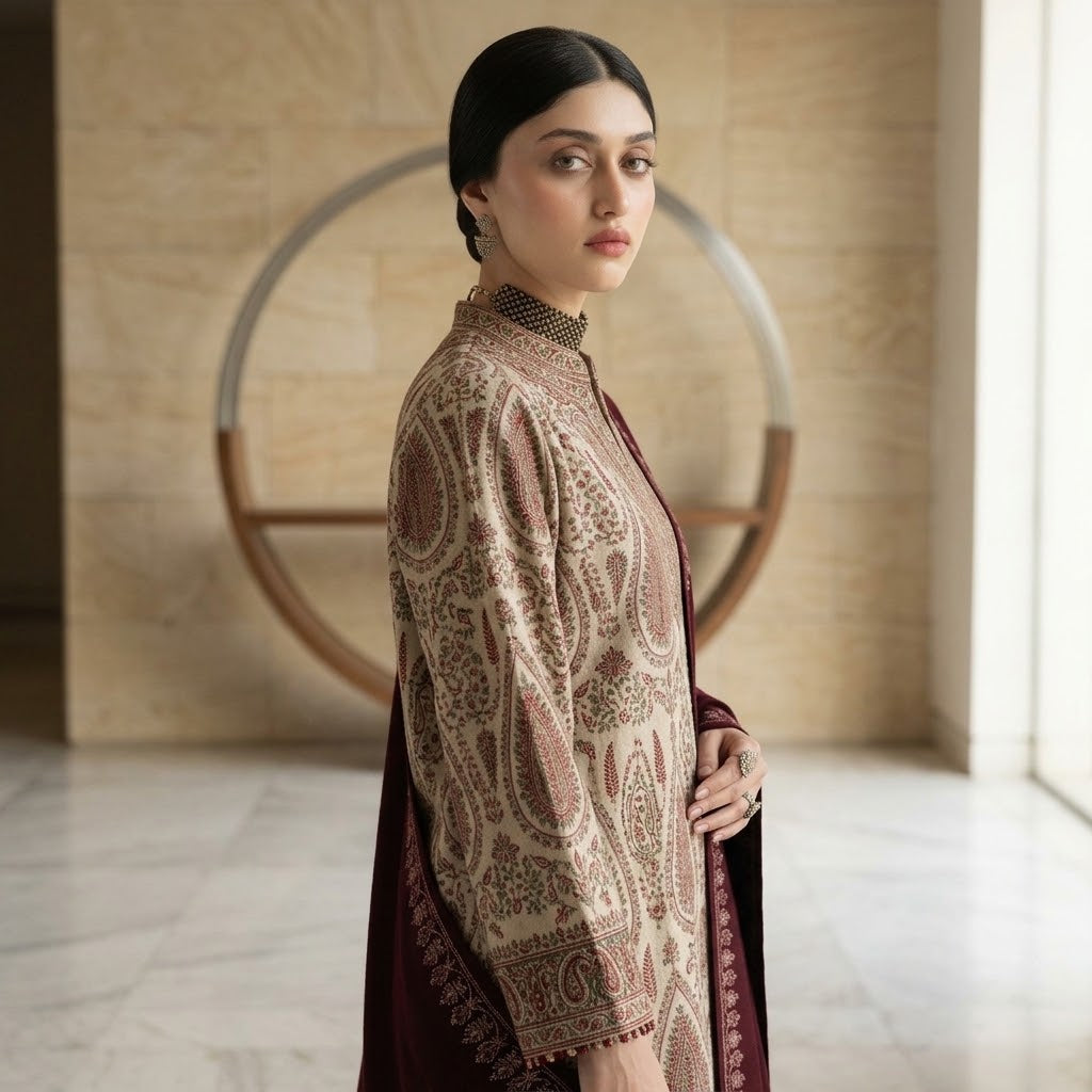 Women’s Winter 3 Piece Embroidered Dhanak Suit with Daman & Pallu Patches WS-038